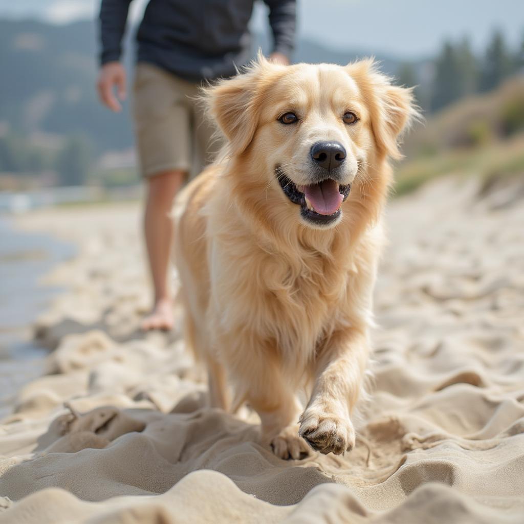 Excited dog responding to the come command at the beach