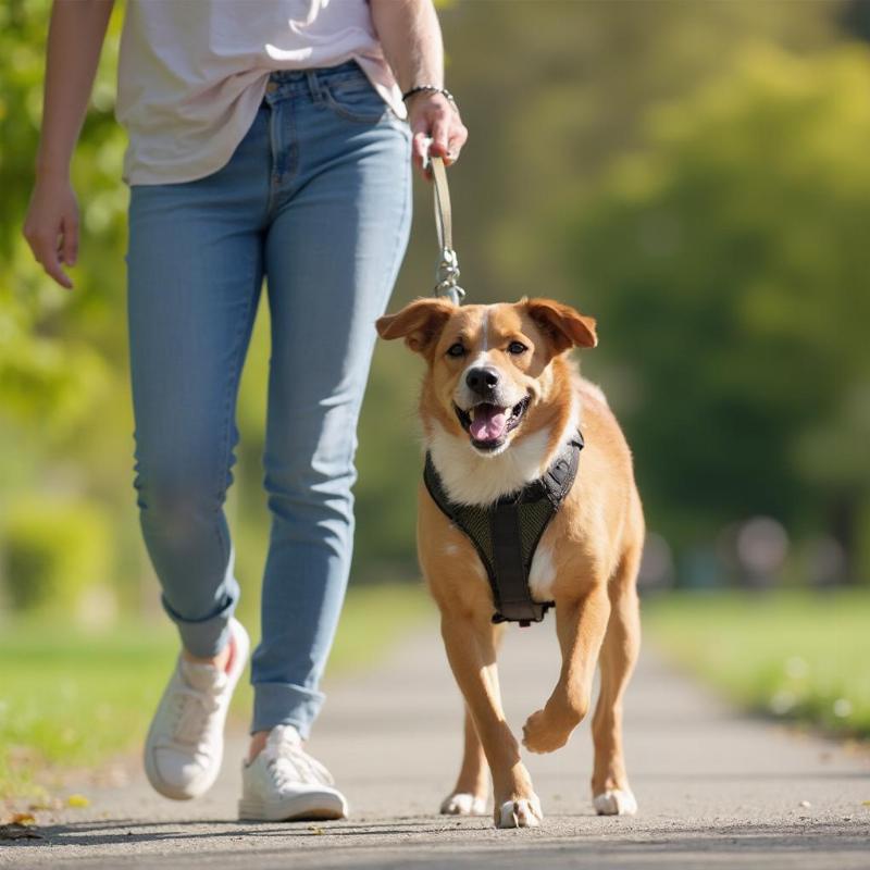 Feisty Fido Leash Training: A dog owner uses a front-clip harness to manage leash pulling while walking their dog.