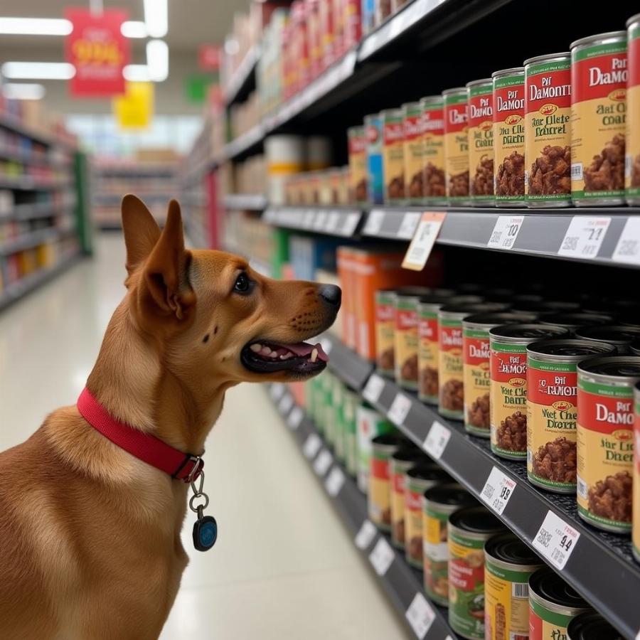 Dog searching for Diamond Naturals canned dog food in a pet store.