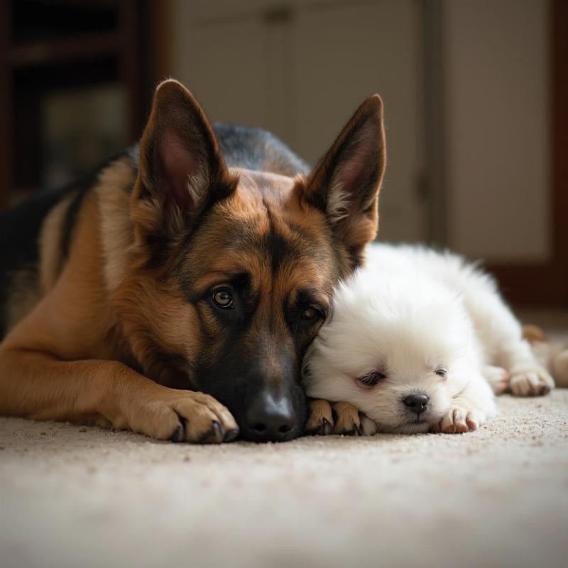 German Shepherd Cuddling with Small Dog