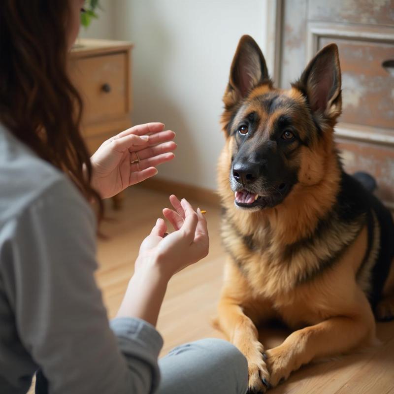 German Shepherd dog learning basic obedience commands with its owner