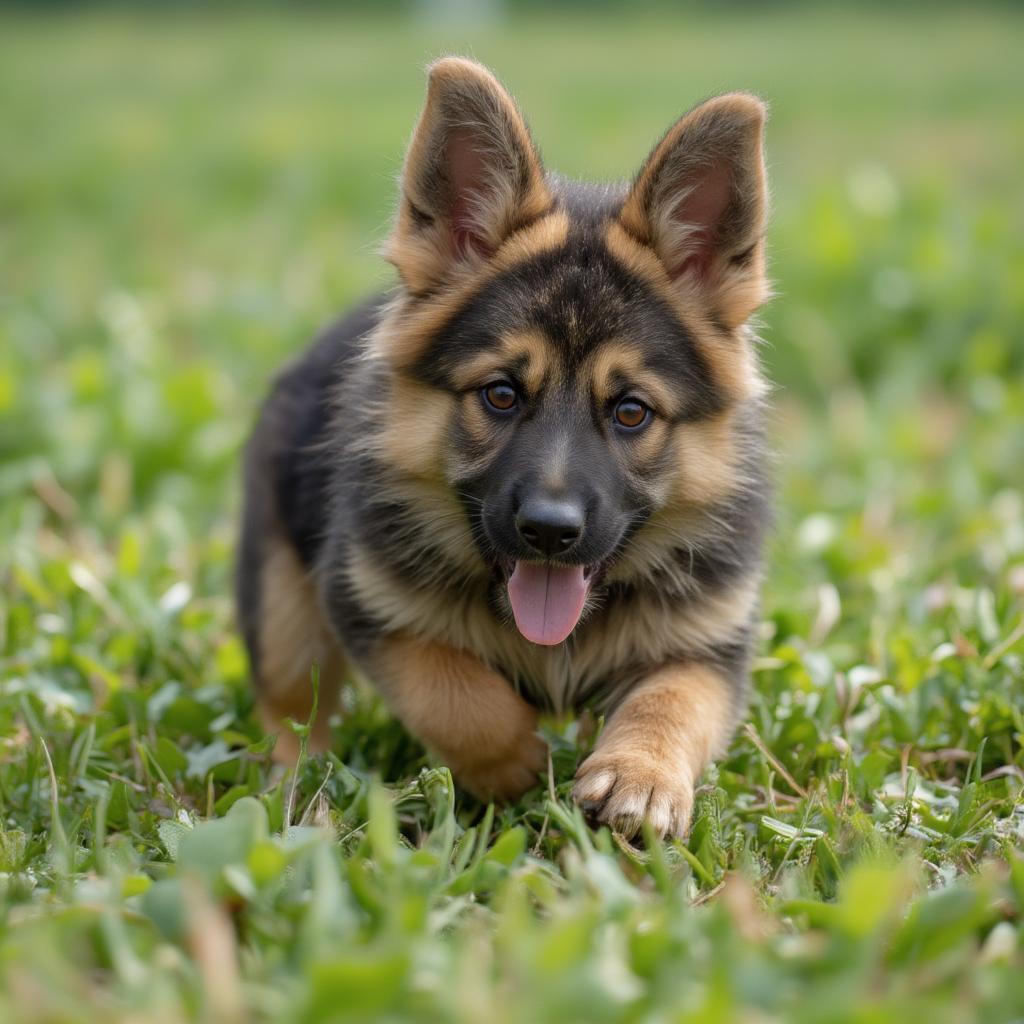 A German Shepherd puppy playing in the grass