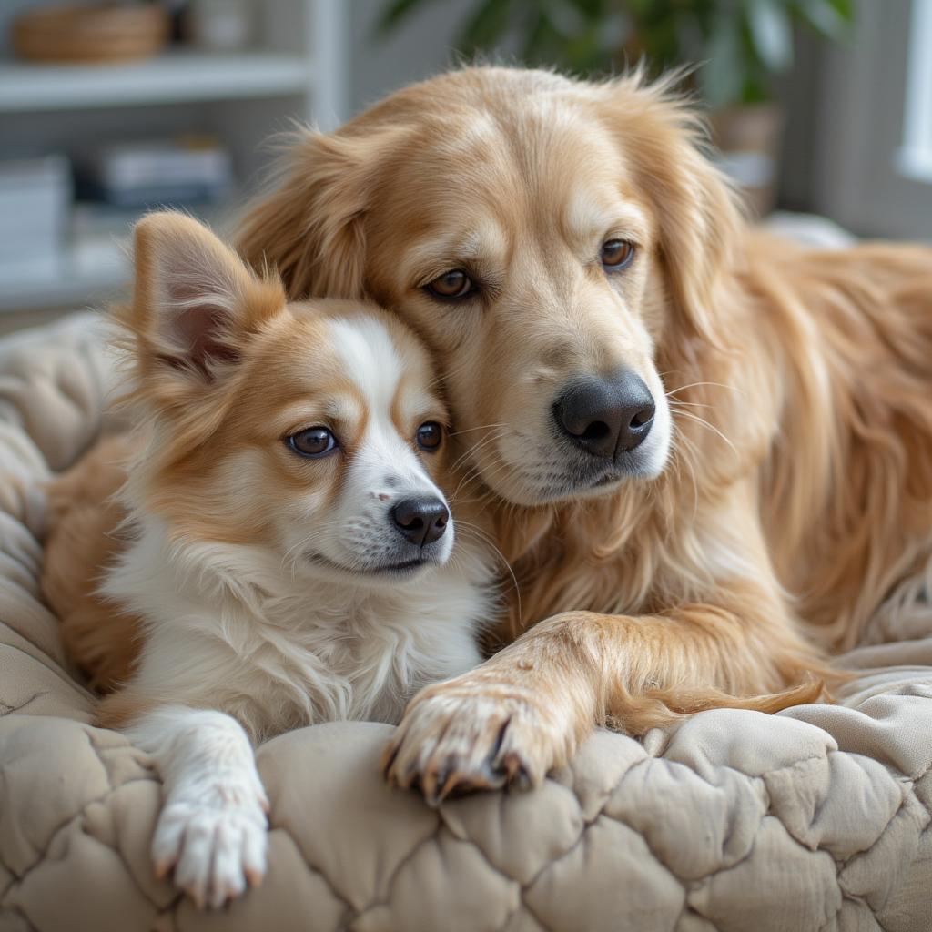 Golden Retriever and Small Dog Cuddling