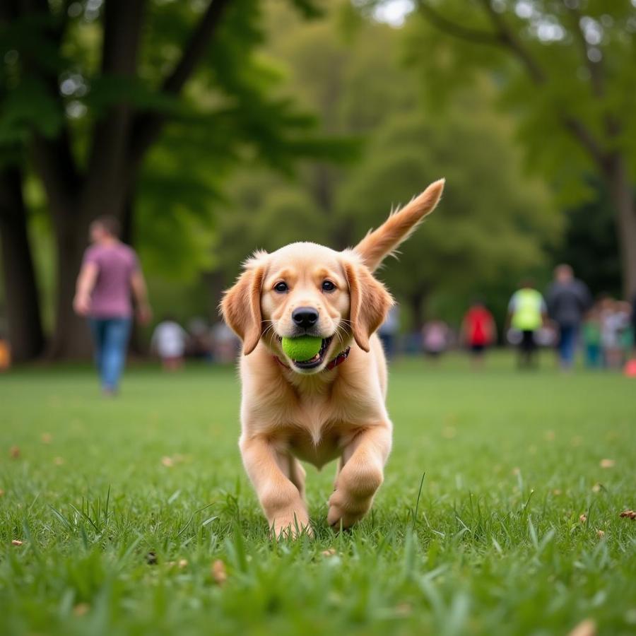 Golden Retriever Puppy Playing Fetch in a Park