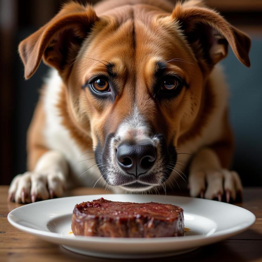 Greedy Dog Eyeing a Steak