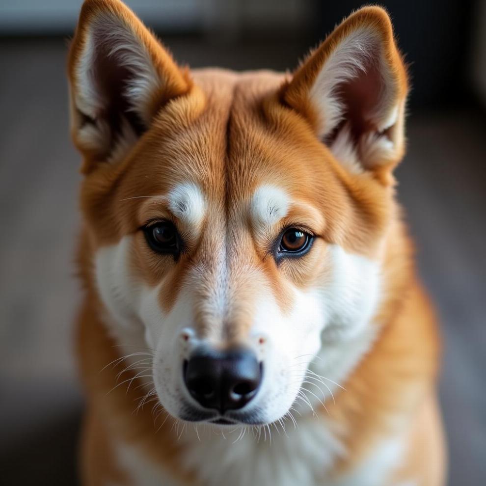 Close-up portrait of Hachi the Akita dog