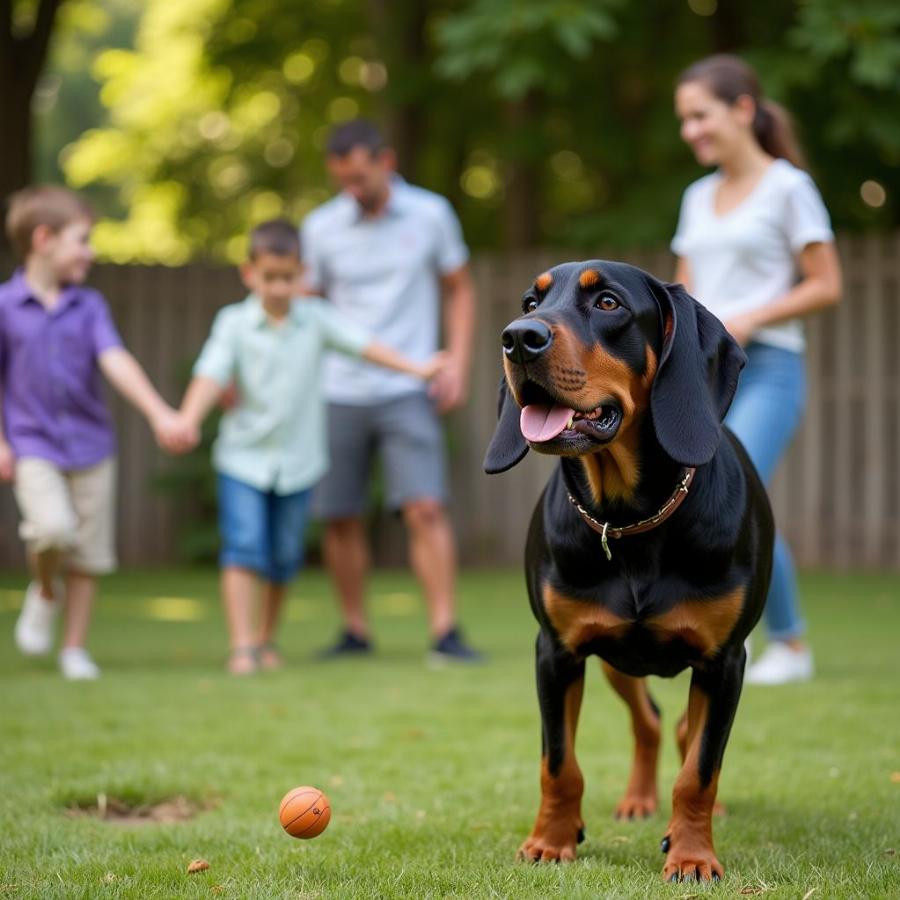 Happy Black and Tan Coonhound with Family