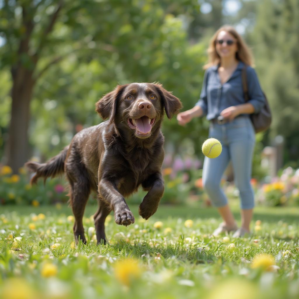 A happy chocolate lab playing fetch in the park with its owner