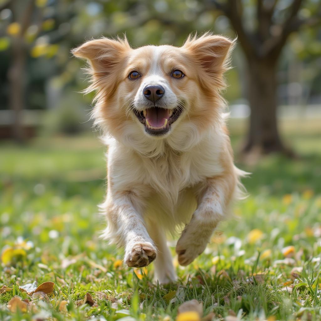 Happy dog playing outdoors after paw treatment