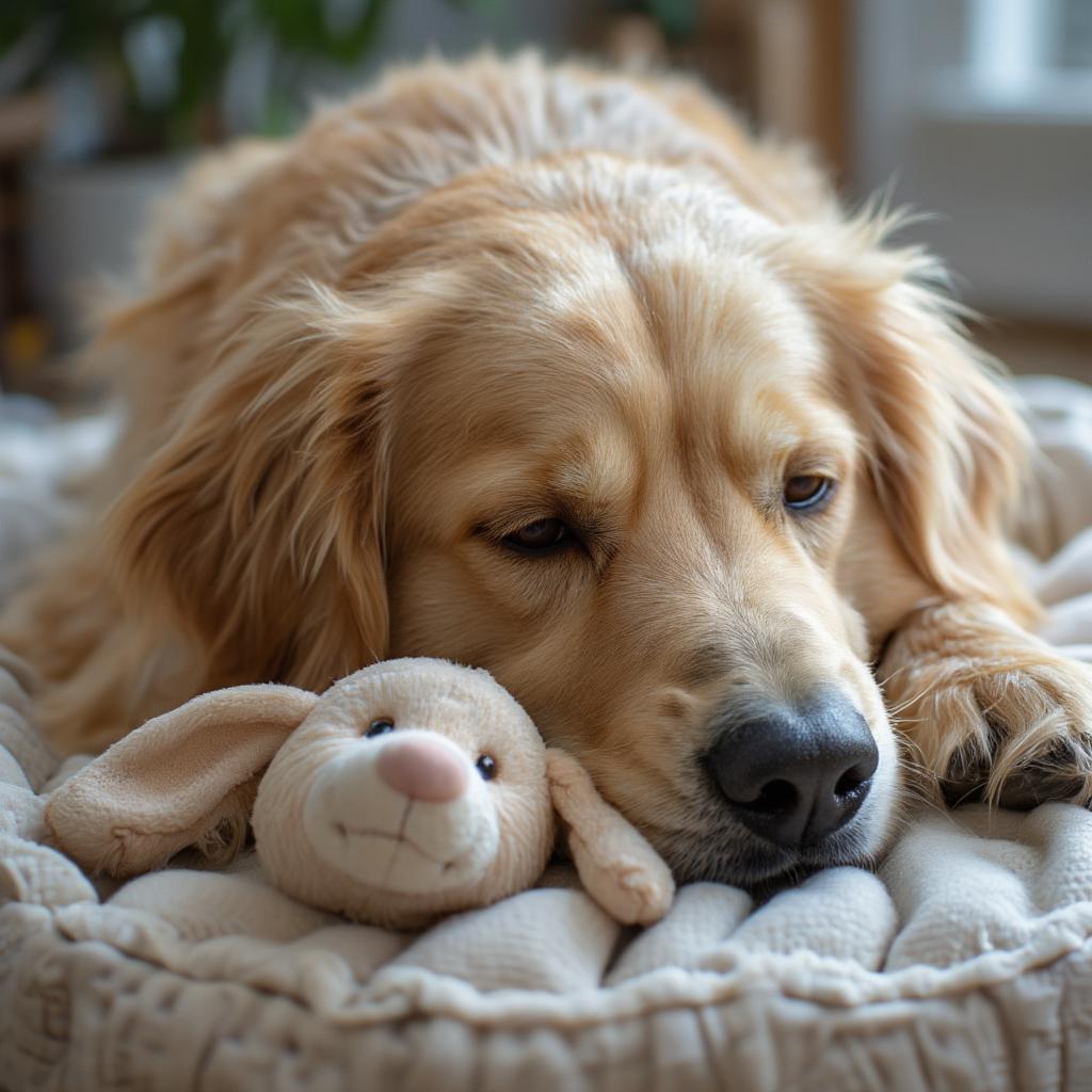 Happy dog with its favorite toy.