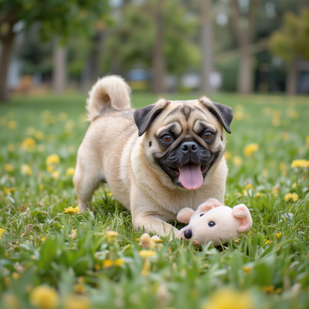 Happy Senior Pug Playing with a Toy