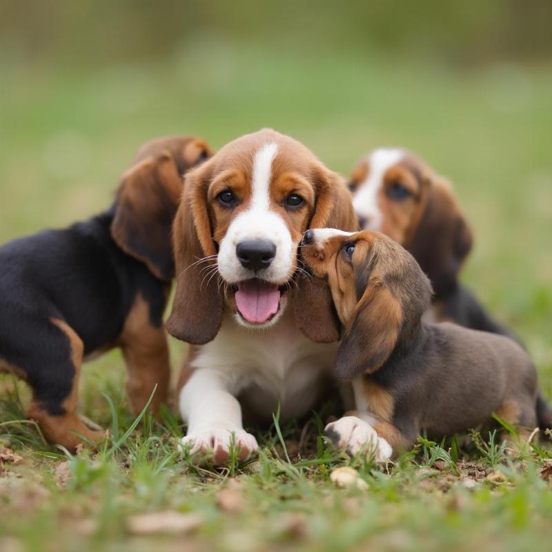 Healthy Basset Hound Puppy Interacting with Littermates