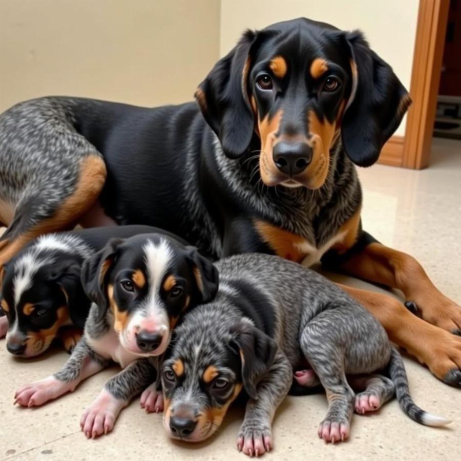 Healthy Litter of Bluetick Coonhound Mix Puppies with their Mother