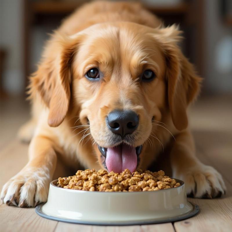 A healthy dog enjoying its meal.