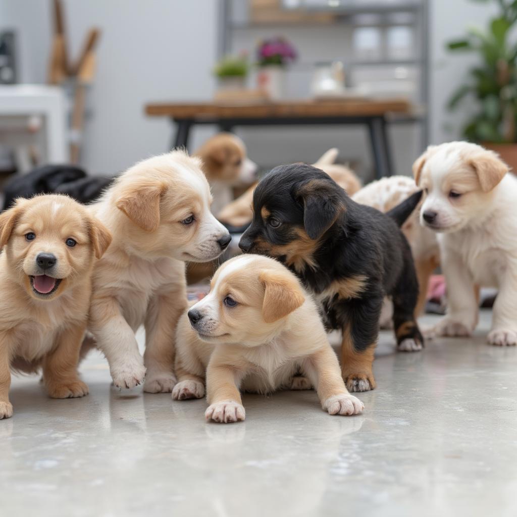 Litter of healthy mixed breed puppies playing together