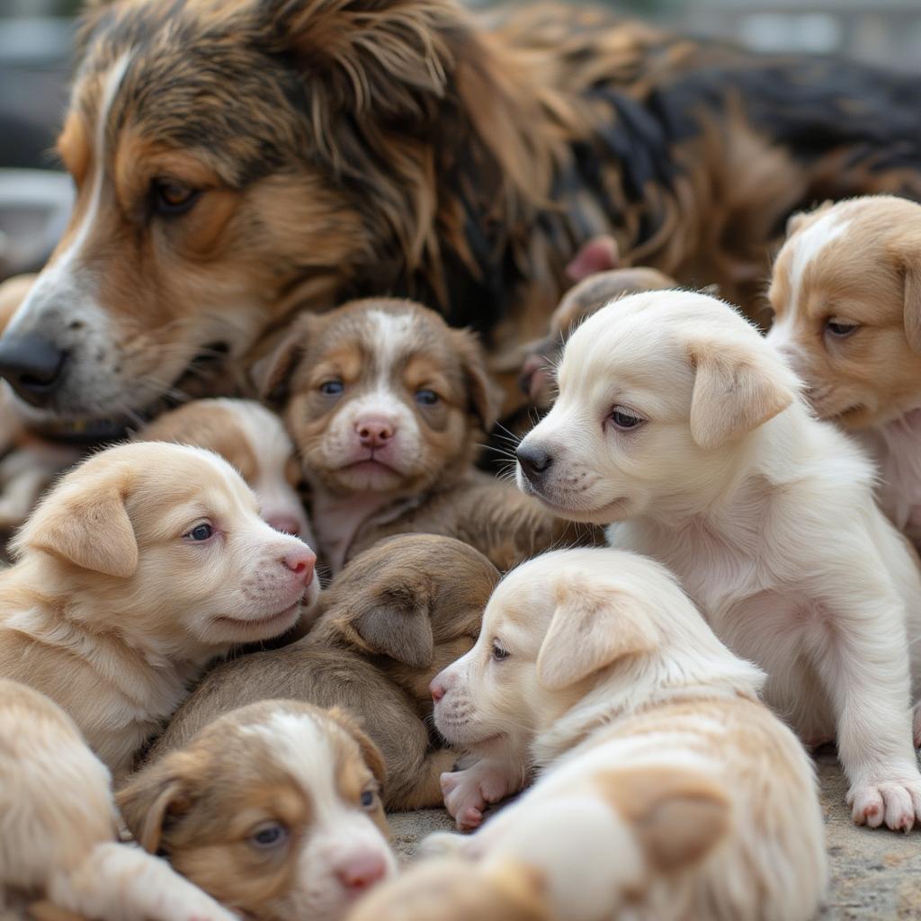 Healthy newborn puppies nursing with their mother