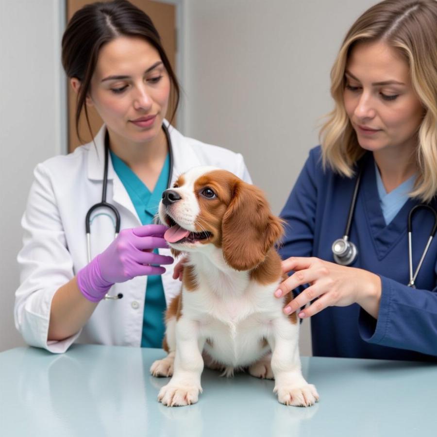 A healthy toy cavalier king charles spaniel puppy being checked by a veterinarian