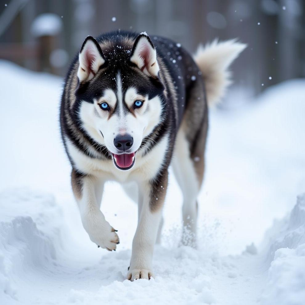 A husky dog running through a snowy landscape