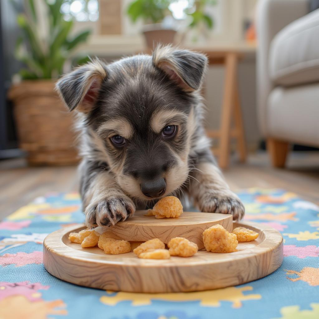 Mini Schnauzer Puppy Playing with an Interactive Puzzle Toy