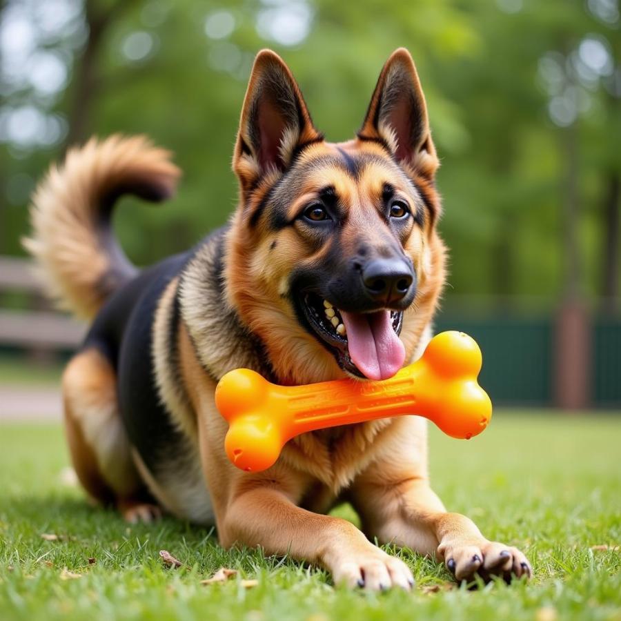 Large Dog Enjoying a Durable Nylon Chew Bone