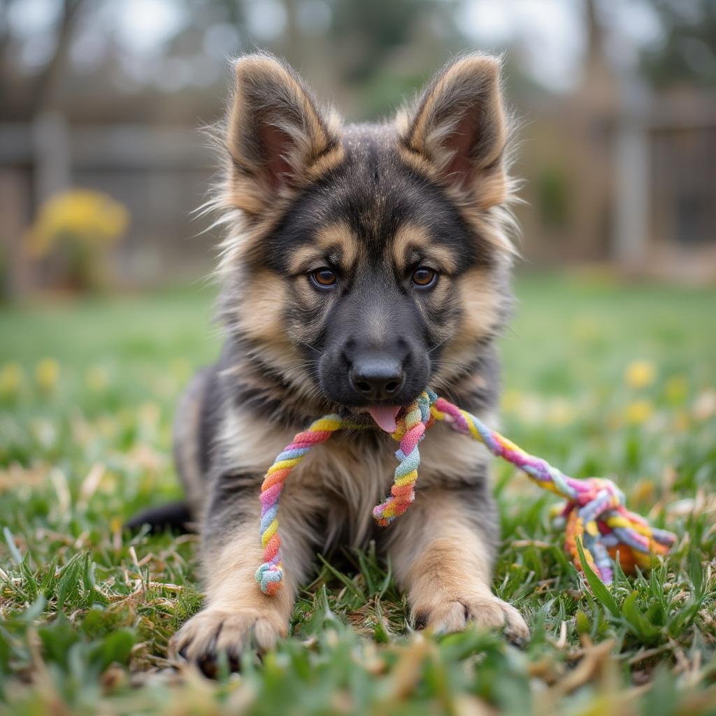 Long Haired German Shepherd Puppy Playing with Toys