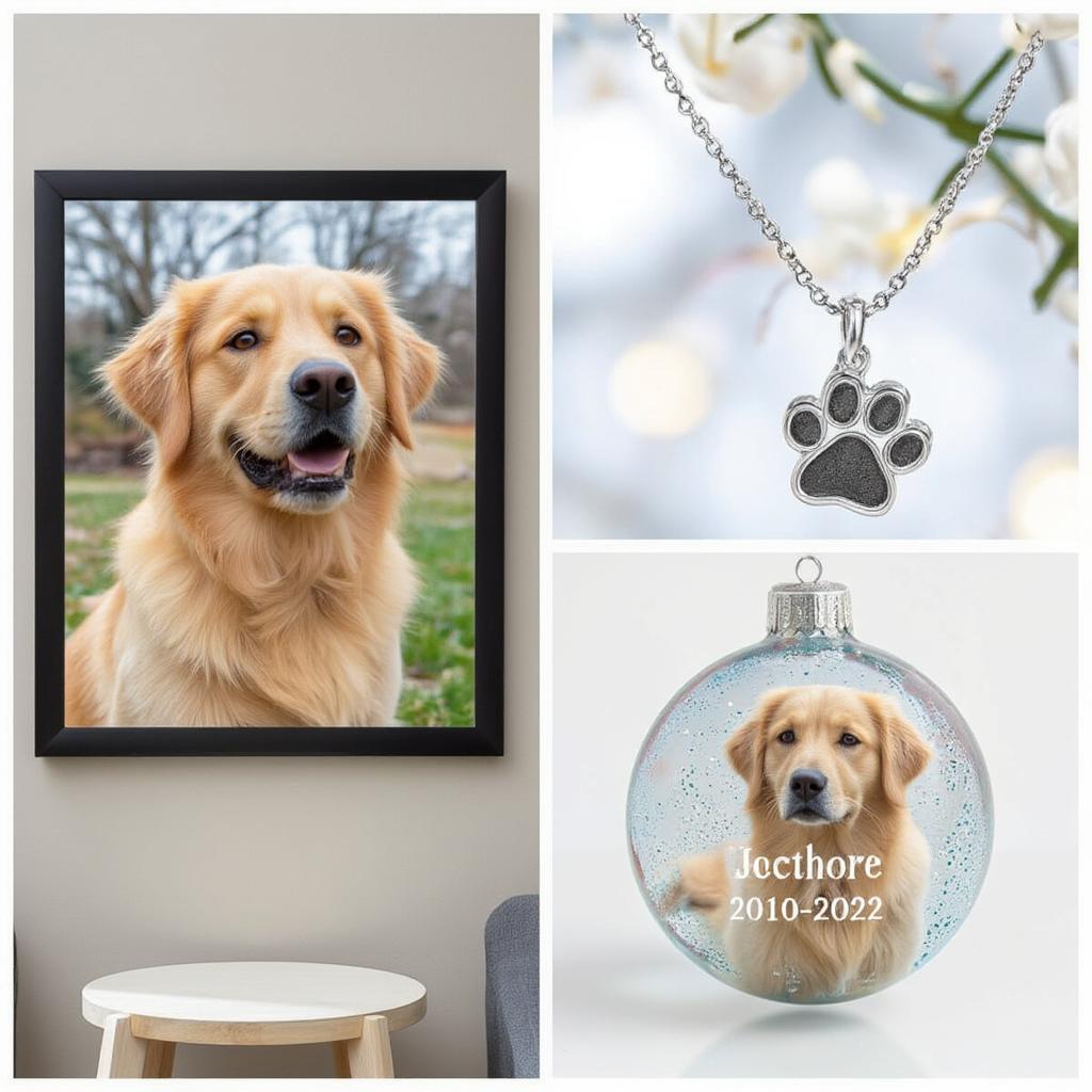 Memorial gifts to remember a lost dog, including a personalized portrait, jewelry, and an ornament.