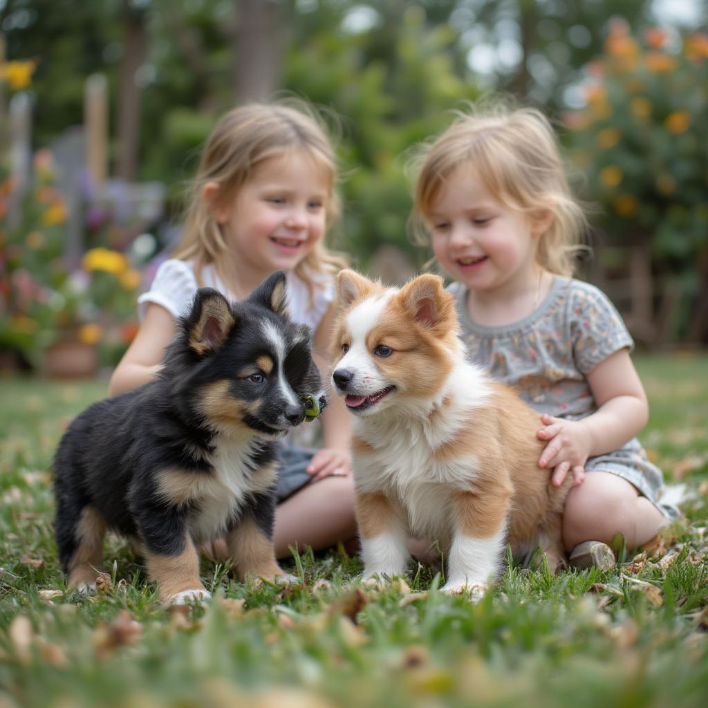 Mini Australian Shepherd Puppies Playing with Children