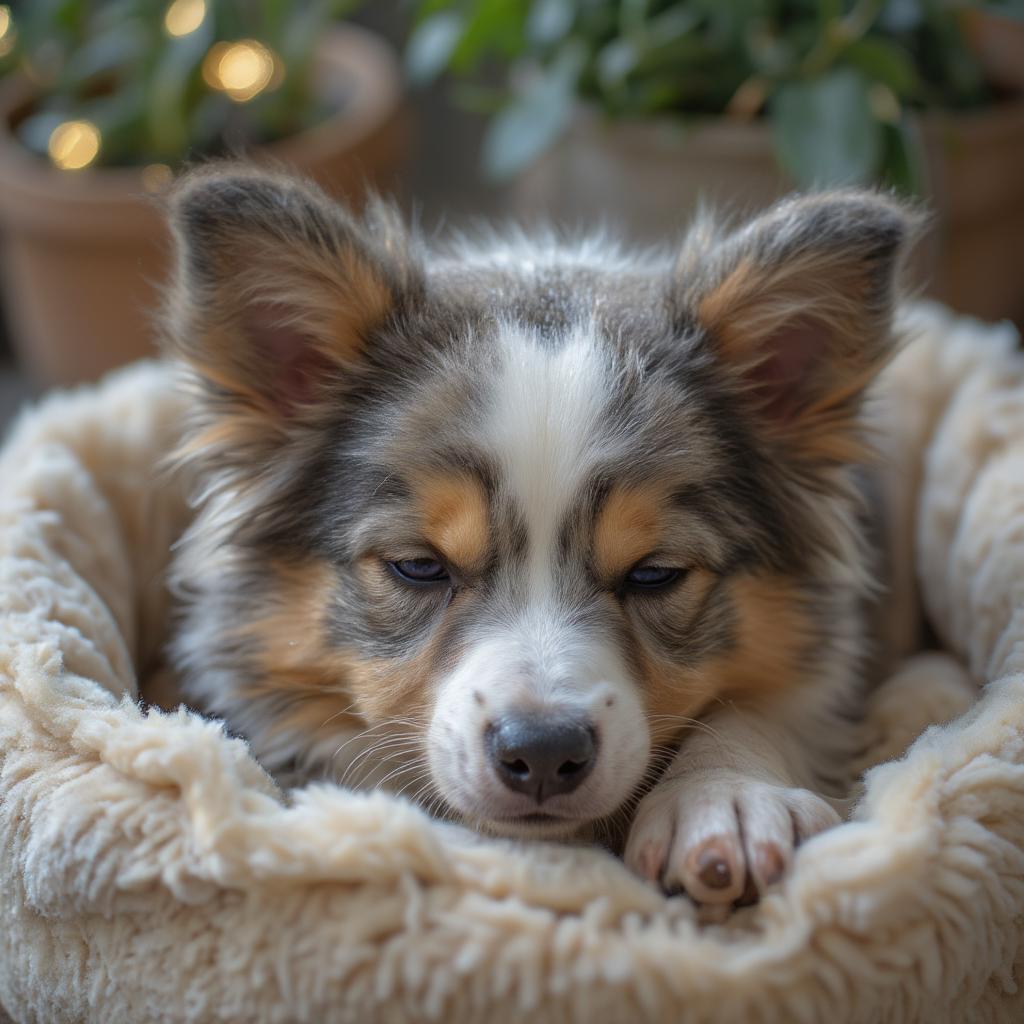 Mini Australian Shepherd Puppy Sleeping in a Dog Bed