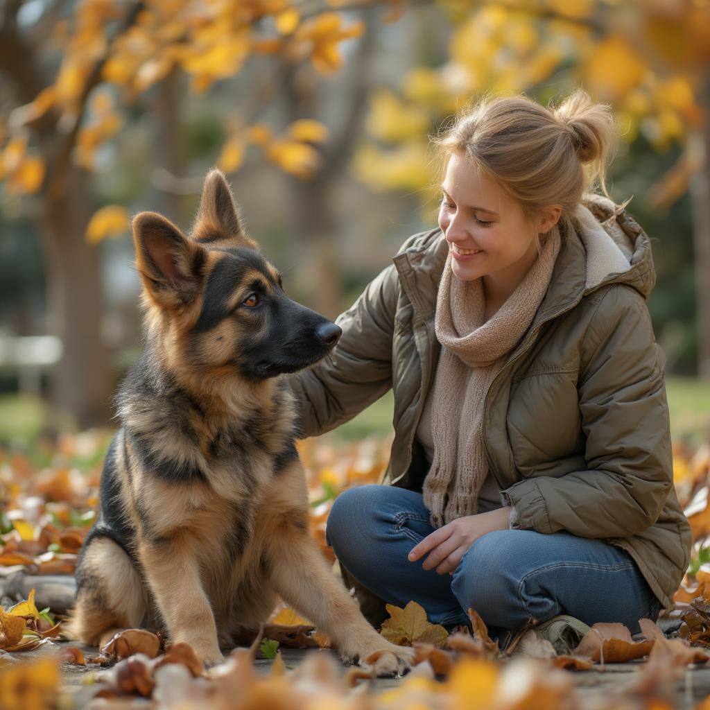 Miniature German Shepherd adult sitting with its owner in a park