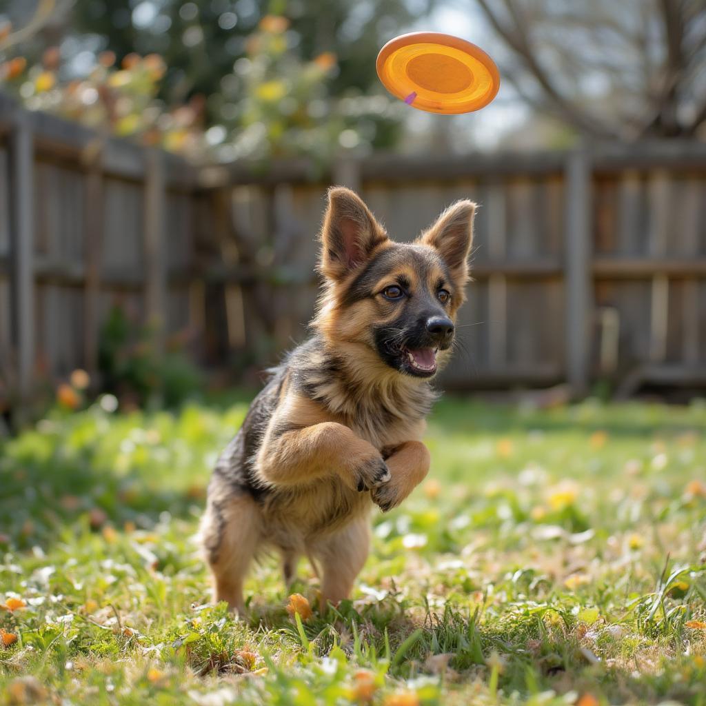 Miniature German Shepherd playing fetch in the backyard