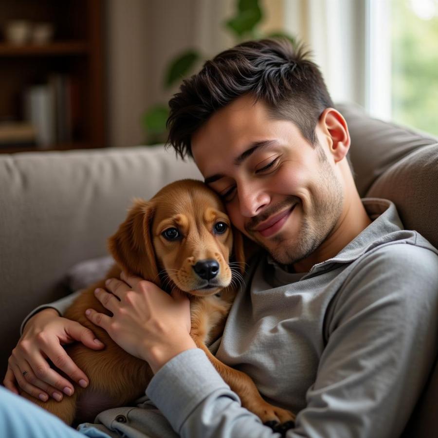 Owner and puppy cuddling on the sofa, showcasing the strong bond between them.