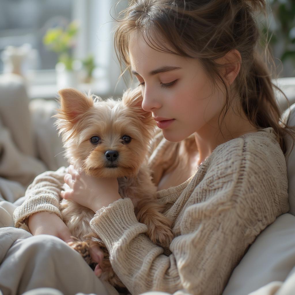 Owner Cuddling Toy Yorkie Puppy