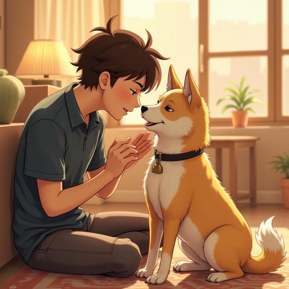 Professor Parker Wilson and Hachi sharing a tender moment, illustrating their deep bond.