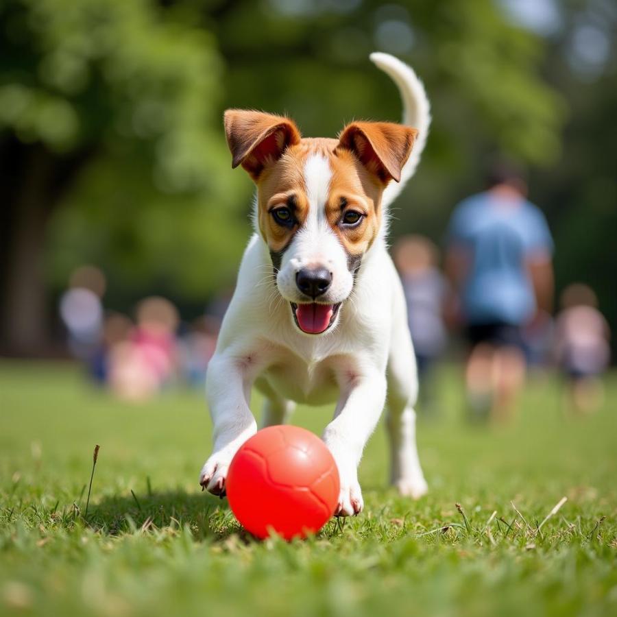 Playful Parson Russell Terrier puppy fetching a ball in the park