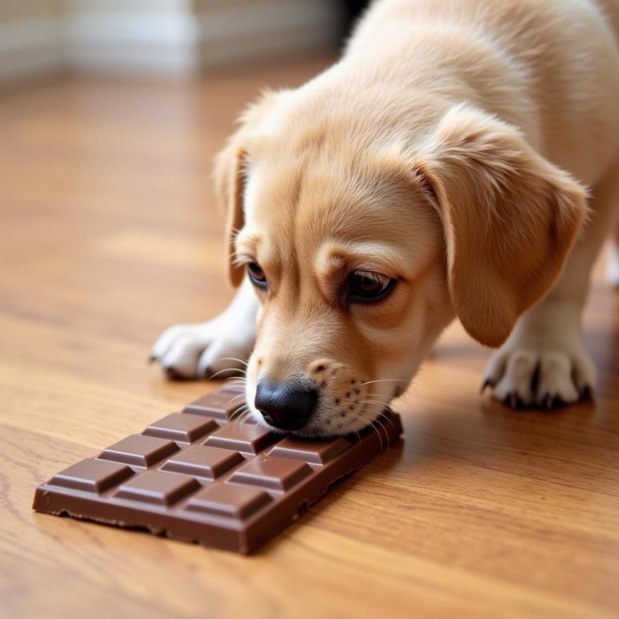 Puppy Avoiding Chocolate Bar on Floor