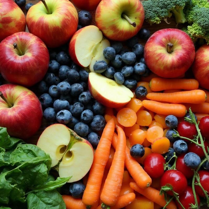 Assortment of Raw Fruits and Vegetables Safe for Dogs