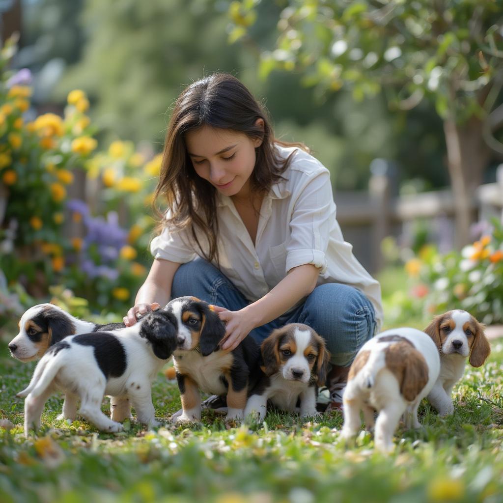 Reputable Basset Hound Breeder Interacting with Puppies