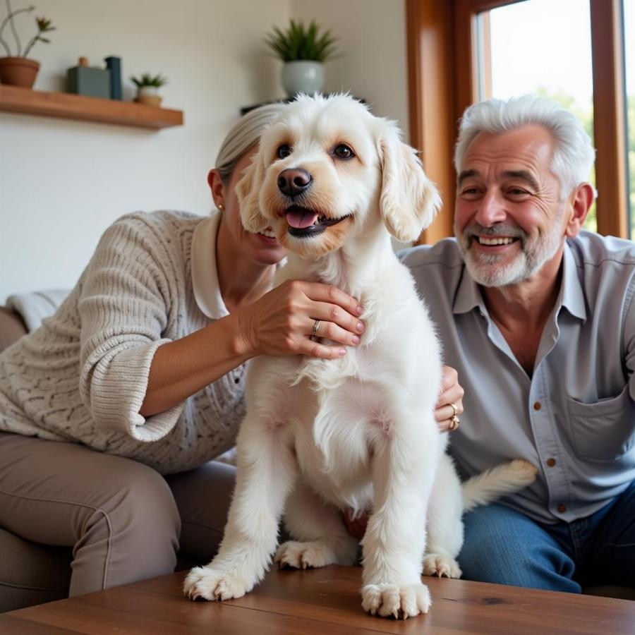 Senior couple playing with a Bichon Frise in their living room