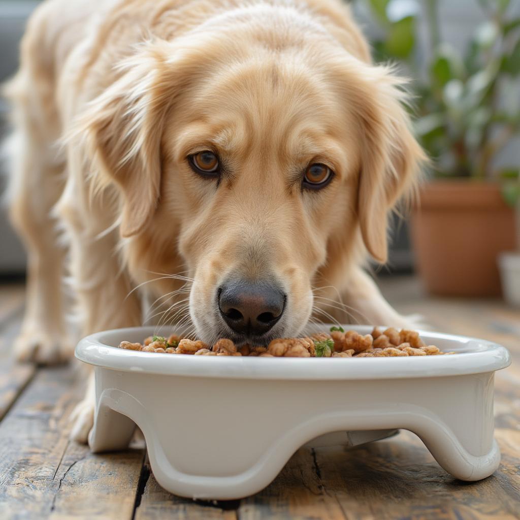 Senior Dog Enjoying a Meal from a Raised Bowl