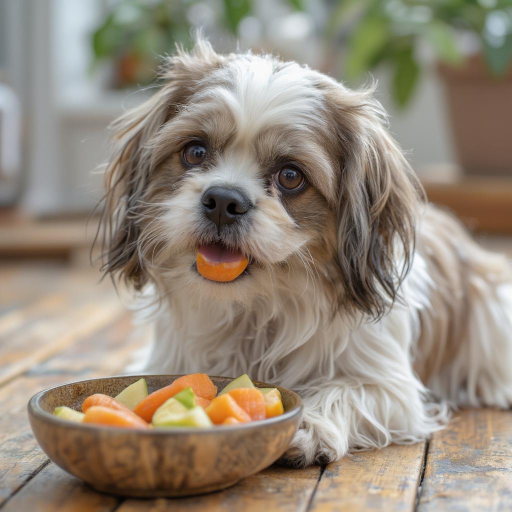 Shih Tzu enjoying healthy human food like carrots and apples.