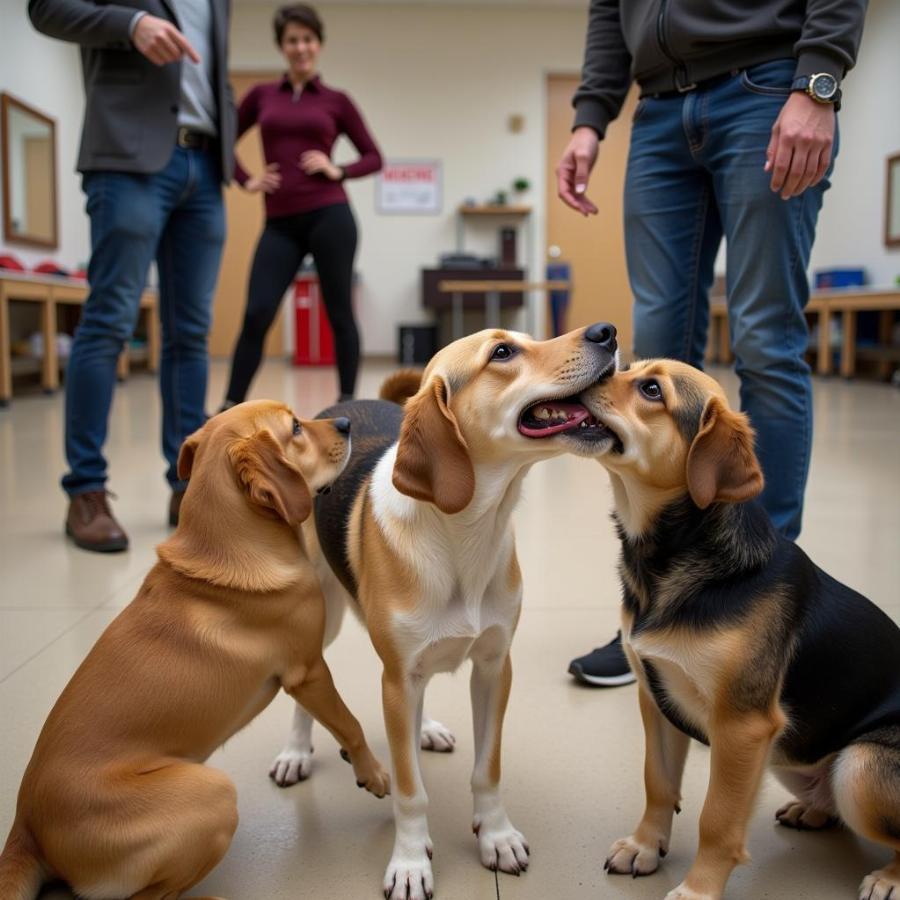 Dogs interacting during a training break