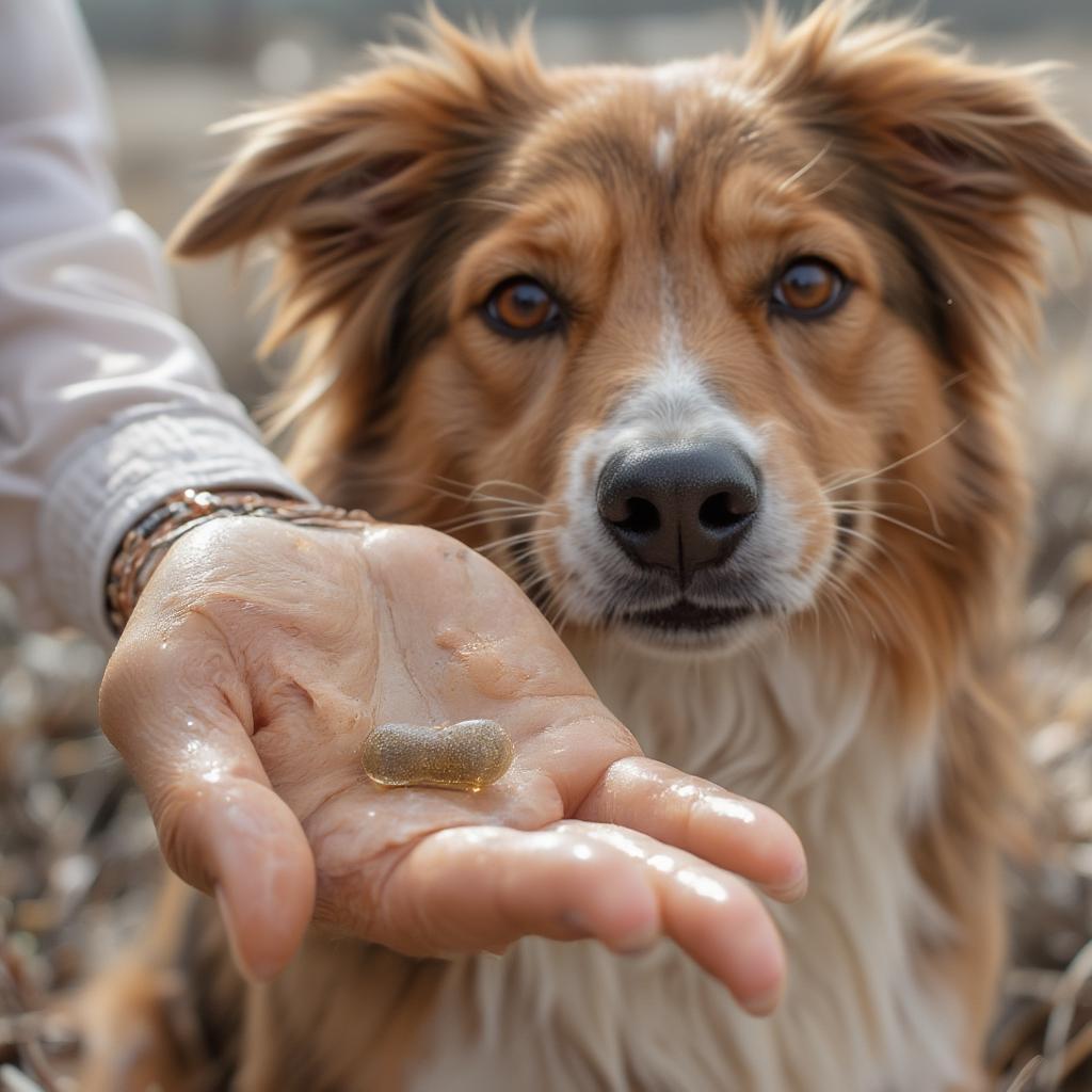 Dog taking a Spinosad chewable tablet for flea treatment