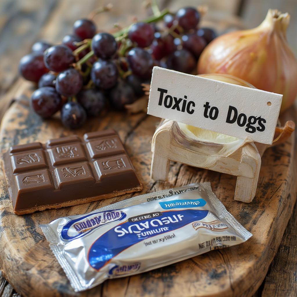 Foods that are toxic for dogs, including chocolate, grapes, and onions.