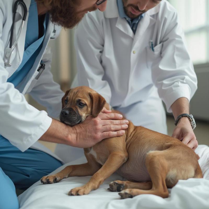 A veterinarian examining an underweight dog.