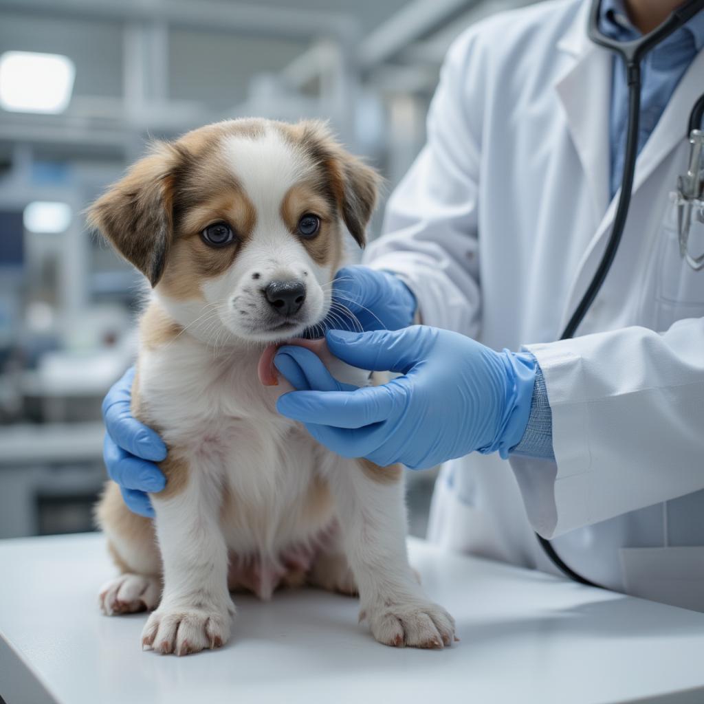 Veterinarian Examining a Puppy for Parvo