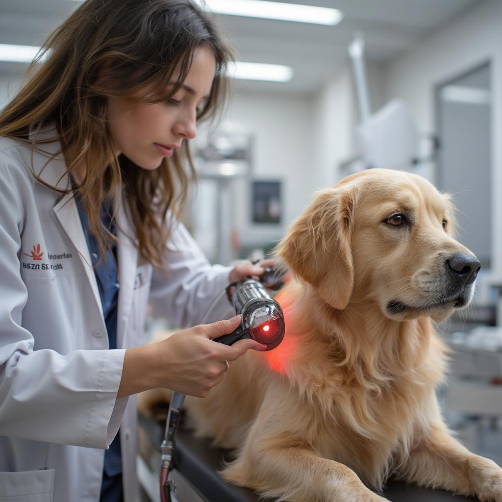 Veterinarian demonstrating red light therapy treatment on a dog