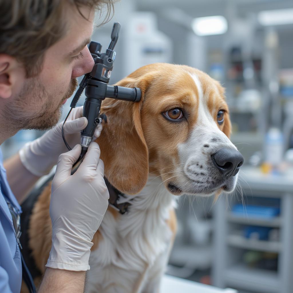 Vet examining dog's ear in clinic