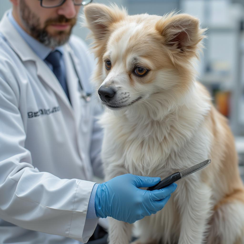 Veterinarian examining a dog for fleas and ticks