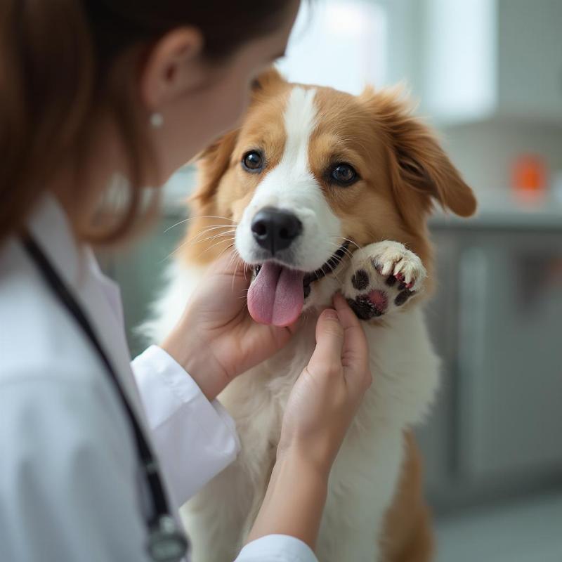 Veterinarian examining a dog's paw