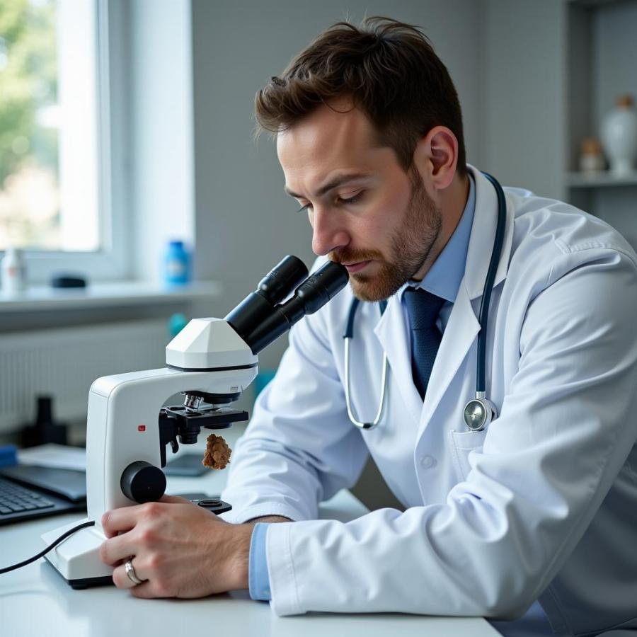 Veterinarian Examining Dog Stool Sample for Roundworms